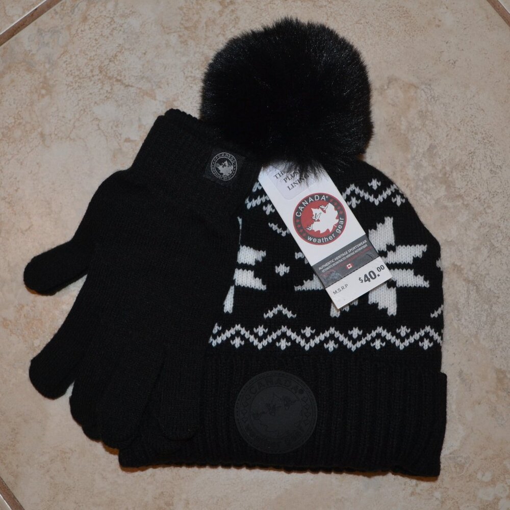 NEW Canadian Canada Weather Gear Hat and Glove Set Black & White Snowflake